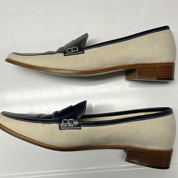 Brooks Brothers Beige Navy Twill and Leather Classic Slip-On Loafers- Size 8 - Picture 13 of 13